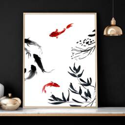 Home Decor Wall Hanging, Koi Fishes Art, Office Decor Gift For Her, Zen Garden Set Of 2 Prints, Japanese Art New Gift - thumbnail 3