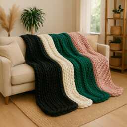 Chunky Knit Yarn Throw Blanket Braided Texture, Cosy Sofa Blanket - thumbnail 1
