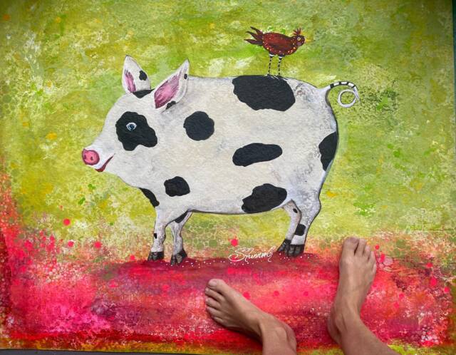Hand-Painted Pig Floorcloth Abstract Kitchen Rug, Washable Patio Art - image 1