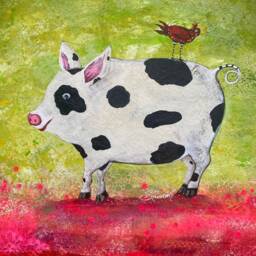 Hand-Painted Pig Floorcloth Abstract Kitchen Rug, Washable Patio Art - thumbnail 2