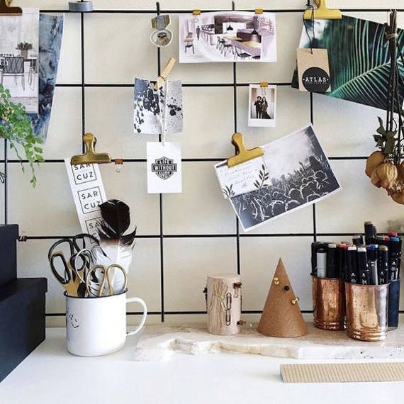 Black Wire Wall Grid + Shelf, Free Clips, Hooks, Mesh Memo Board, Notice Metal Grid, Moodboard 49cm.x84cm - image 1