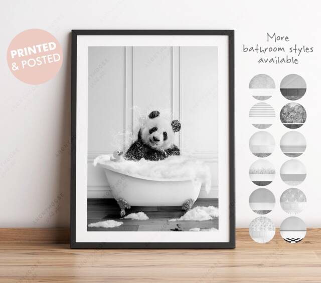 Black & White Panda Bear Shaking Head in A Bath Print, Bathing, Funny Bathroom Animal Bathtub, Tub Whimsy - image 1