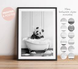 Black & White Panda Bear Shaking Head in A Bath Print, Bathing, Funny Bathroom Animal Bathtub, Tub Whimsy - thumbnail 1