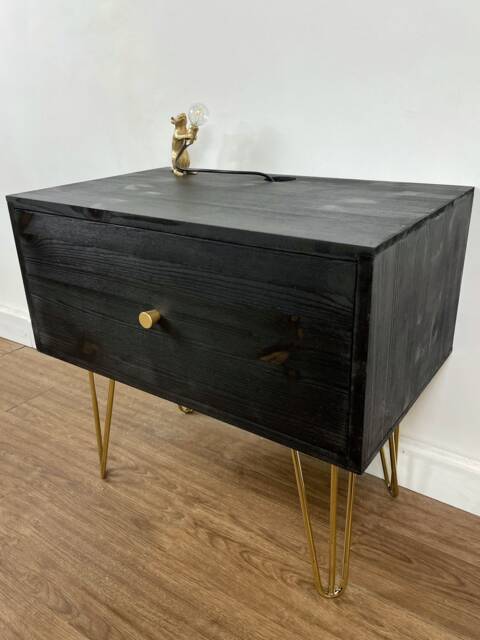 Handmade Beside Table, Drawer, Cabinet, Nightstand, Side Brass Hairpin Legs, Black Dark. Big 65 X 40cm