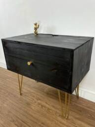 Handmade Beside Table, Drawer, Cabinet, Nightstand, Side Brass Hairpin Legs, Black Dark. Big 65 X 40cm