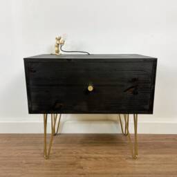 Handmade Beside Table, Drawer, Cabinet, Nightstand, Side Brass Hairpin Legs, Black Dark. Big 65 X 40cm - thumbnail 2