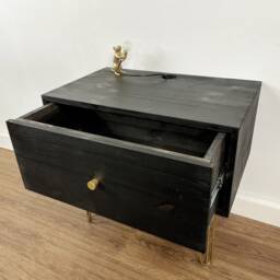 Handmade Beside Table, Drawer, Cabinet, Nightstand, Side Brass Hairpin Legs, Black Dark. Big 65 X 40cm - thumbnail 3