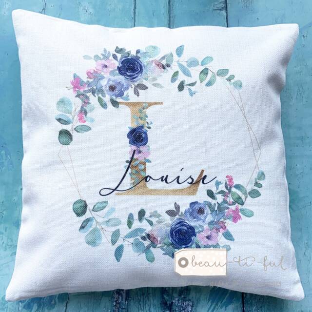 Personalised Name & Initial Floral Greenery Design Home Quote Linen Style Cushion Cover