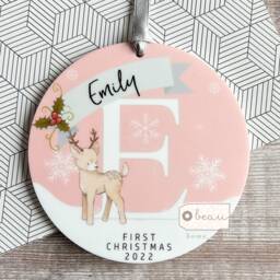 Personalised 1st Christmas Baby Babies Baby's First Deer Design Acrylic Round Ornament Keepsake Boy Gift Child