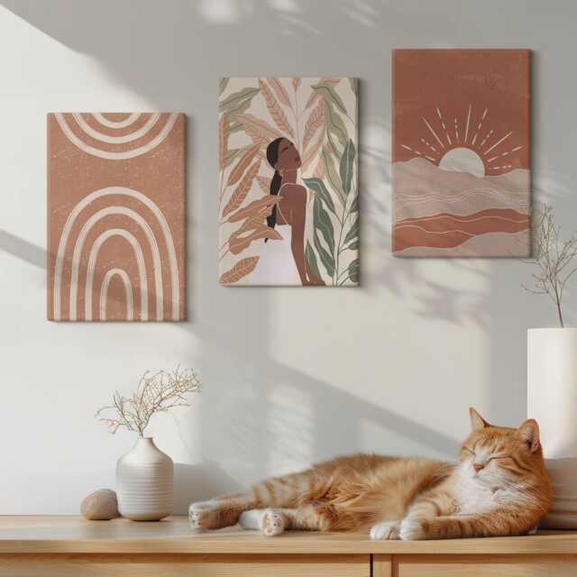Canvas Art Set Of 3 - Boho Shapes & Illustrations, Brown Wall Print, Abstract Decor - image 1