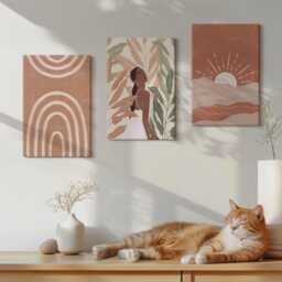 Canvas Art Set Of 3 - Boho Shapes & Illustrations, Brown Wall Print, Abstract Decor - thumbnail 1