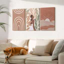 Canvas Art Set Of 3 - Boho Shapes & Illustrations, Brown Wall Print, Abstract Decor - thumbnail 2