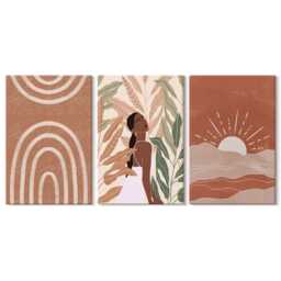 Canvas Art Set Of 3 - Boho Shapes & Illustrations, Brown Wall Print, Abstract Decor - thumbnail 3