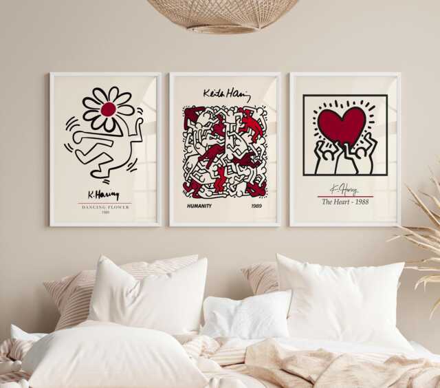 3 Wine Red Prints Set, Burgundy Wall Art, Keith Haring, Humanity, Retro Decor, Living Room Print For Bedroom, Exhibition Art