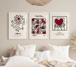 3 Wine Red Prints Set, Burgundy Wall Art, Keith Haring, Humanity, Retro Decor, Living Room Print For Bedroom, Exhibition Art - thumbnail 1