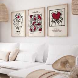 3 Wine Red Prints Set, Burgundy Wall Art, Keith Haring, Humanity, Retro Decor, Living Room Print For Bedroom, Exhibition Art - thumbnail 2