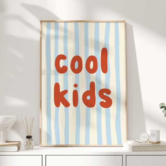 Cool Kids Print, Nursery Wall Art, Room Decor, Playroom Poster, Retro Typography Blue Stripe Modern Art - image 1