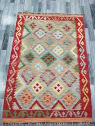 Tribal Kilim Rug, Handmade Artisan Afghan Turkish Scandinavian Navajo Bohemian Flatweave Natural Wool Rug 189x130 cm - thumbnail 1