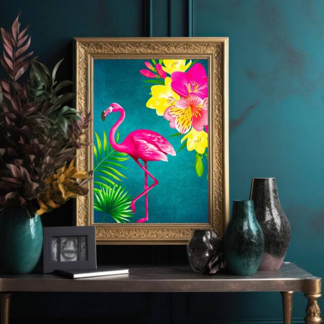 Vibrant Maximalist Flamingo Print, Tropical Teal Wall Art, Bright Statement Decor - image 1