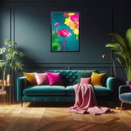 Vibrant Maximalist Flamingo Print, Tropical Teal Wall Art, Bright Statement Decor - thumbnail 3