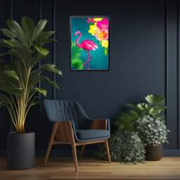 Vibrant Maximalist Flamingo Print, Tropical Teal Wall Art, Bright Statement Decor - thumbnail 2