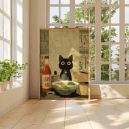 Ramen Cat Poster Japanese Food Wall Art - Cute Anime Style Kitchen Print With Noodles & Soy Sauce Unframed - thumbnail 3