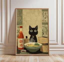 Ramen Cat Poster Japanese Food Wall Art - Cute Anime Style Kitchen Print With Noodles & Soy Sauce Unframed - thumbnail 1