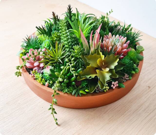 Faux Succulent Planter Round Artificial Garden, Table Centrepiece, Moss Art - image 1