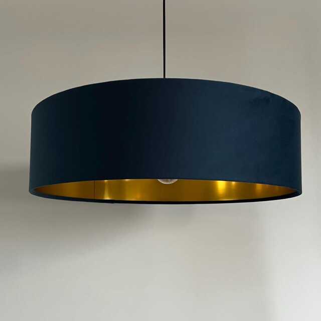 Slim Navy Blue Velvet Ceiling Light Shade Gold Lined Extra Large Drum - image 1
