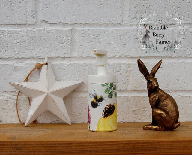 Bee Soap Dispenser Hand Wash Sunflower Lavender Decoupaged Glass Handmade - image 1