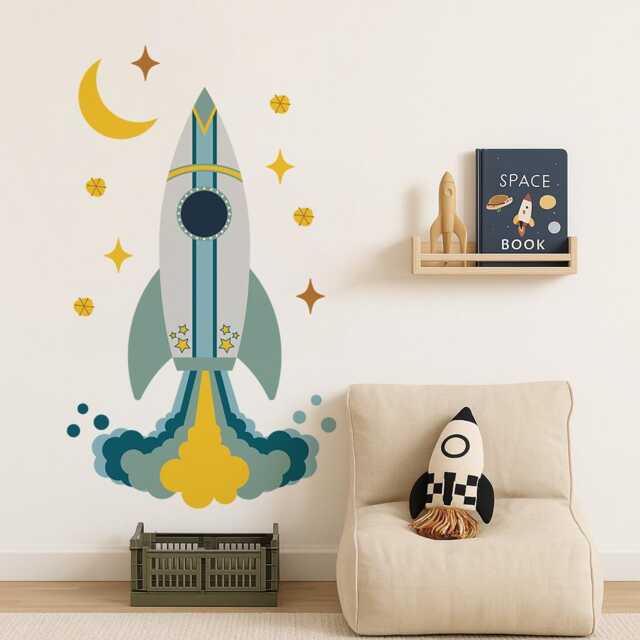 Space Rocket Wall Decal - Removable Fabric Peel & Stick Sticker - image 1
