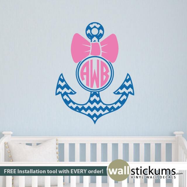 Chevron Anchor Monogram Wall Decal - Girls Nursery Decor - image 1