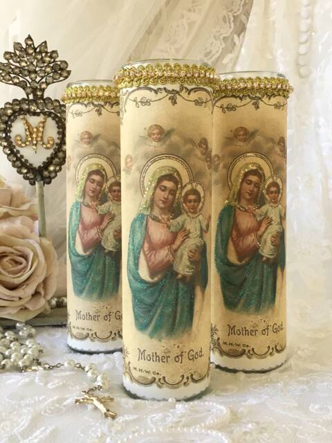 Mother Of God Prayer Candle, Rhinestone Trim, Shabby Cottage Chic - image 1