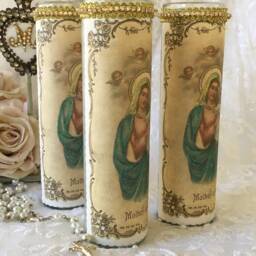 Mother Of God Prayer Candle, Rhinestone Trim, Shabby Cottage Chic - thumbnail 2