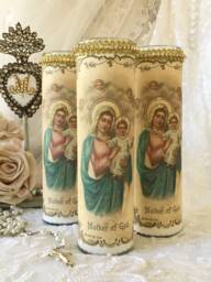 Mother Of God Prayer Candle, Rhinestone Trim, Shabby Cottage Chic