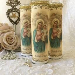 Mother Of God Prayer Candle, Rhinestone Trim, Shabby Cottage Chic - thumbnail 4