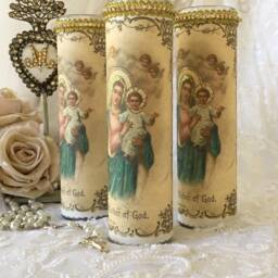Mother Of God Prayer Candle, Rhinestone Trim, Shabby Cottage Chic - thumbnail 3