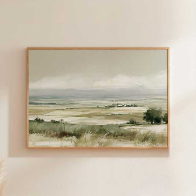 Farmhouse Landscape Poster, Neutral Countryside Wall Art, Rural Print - image 1