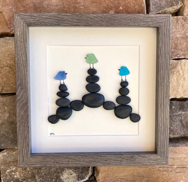 Sea Glass Birds On Rock Cairns, 8 X 8 - image 1