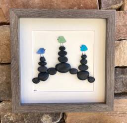 Sea Glass Birds On Rock Cairns, 8 X 8 - thumbnail 1