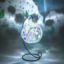 Hand Painted Sky Blue Butterfly Glass Candle Holder With Metal Stand - thumbnail 4