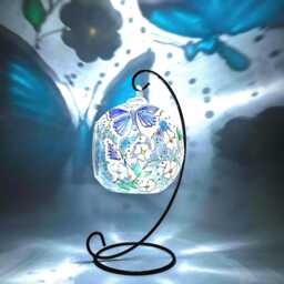 Hand Painted Sky Blue Butterfly Glass Candle Holder With Metal Stand
