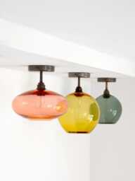 Mid Century Semi Flush Mount, Hand Blown Glass Low Ceiling Light in Various Colors