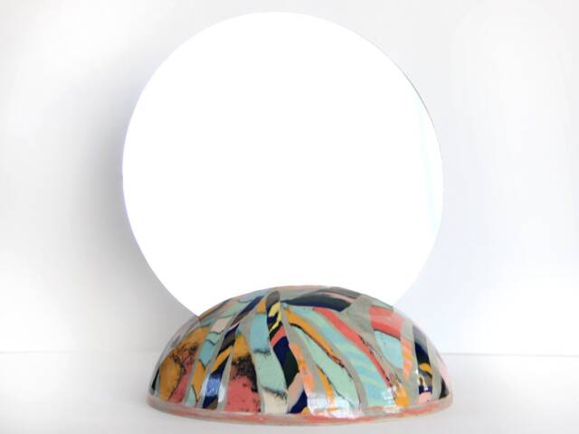 Large Colorful Round Nerikomi Vase, Rainbow Sphere Ceramic Mirror, Abstract Tropical Globe Circular Mirror Vase, Modern Teal Flower Pot Vase - image 1
