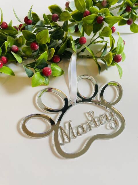 Dog Bauble, Cat Paw Print Decoration, Animal Christmas Bauble, , Gift. Personalised Mirrored Acrylic - image 1