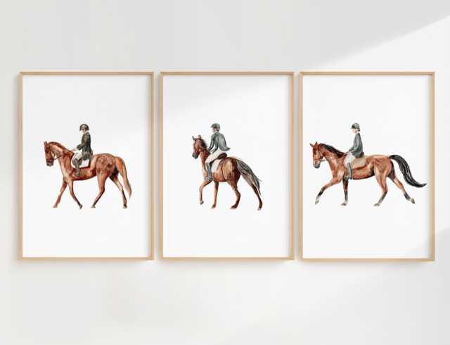 Watercolor Equestrian Wall Art - Set Of 3, Printed Or Framed Kids Decor - image 1