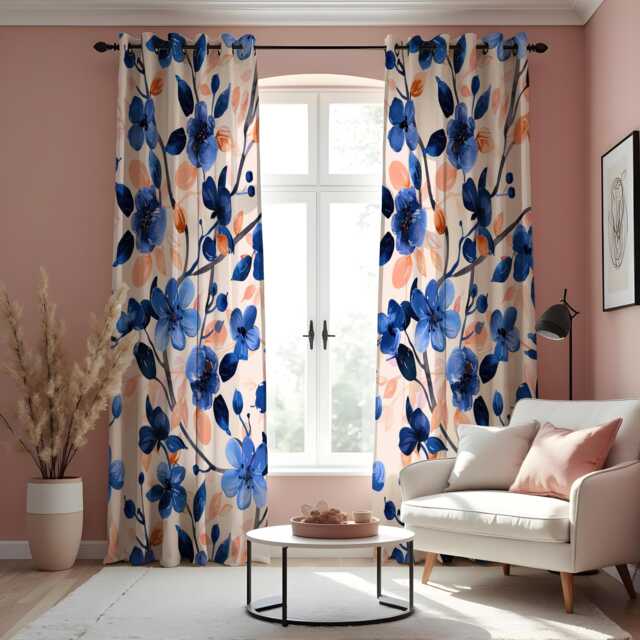 Navy Blue Floral Curtains, Watercolor Flower Drapes With Peach Accents, Made To Measure Window Panels, Eyelet Or Curtain Tape - image 1