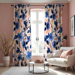Navy Blue Floral Curtains, Watercolor Flower Drapes With Peach Accents, Made To Measure Window Panels, Eyelet Or Curtain Tape - thumbnail 1
