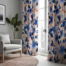 Navy Blue Floral Curtains, Watercolor Flower Drapes With Peach Accents, Made To Measure Window Panels, Eyelet Or Curtain Tape - thumbnail 3