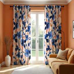 Navy Blue Floral Curtains, Watercolor Flower Drapes With Peach Accents, Made To Measure Window Panels, Eyelet Or Curtain Tape - thumbnail 2